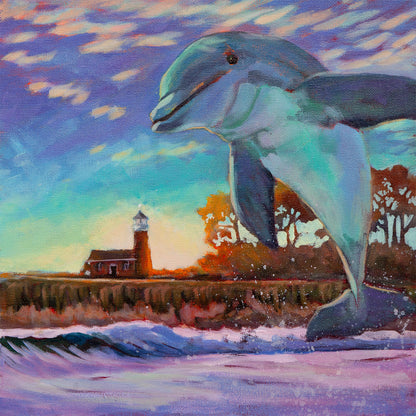 Santa Cruz lighthouse at Steamer Lane with ocean and dolphin, coastal California surfing area, original oil painting