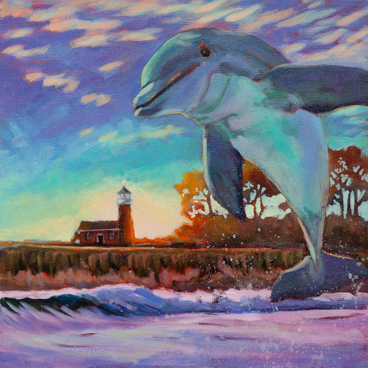 Santa Cruz lighthouse at Steamer Lane with ocean and dolphin, coastal California surfing area, original oil painting