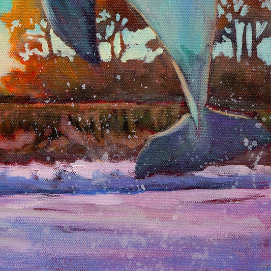 dolphin tail splashing in ocean water near shoreline, Santa Cruz coast, oil painting detail
