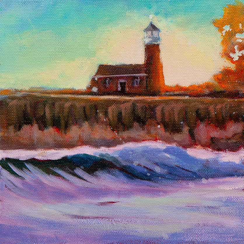 Santa Cruz lighthouse at Steamer Lane with ocean wave, coastal California surfing spot, oil painting detail