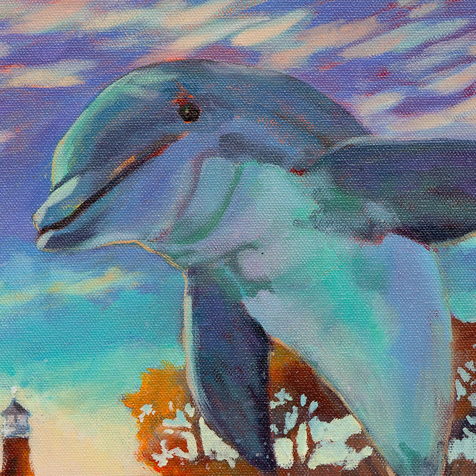 dolphin emerging from ocean near Santa Cruz coastline, Monterey Bay marine life, oil painting detail