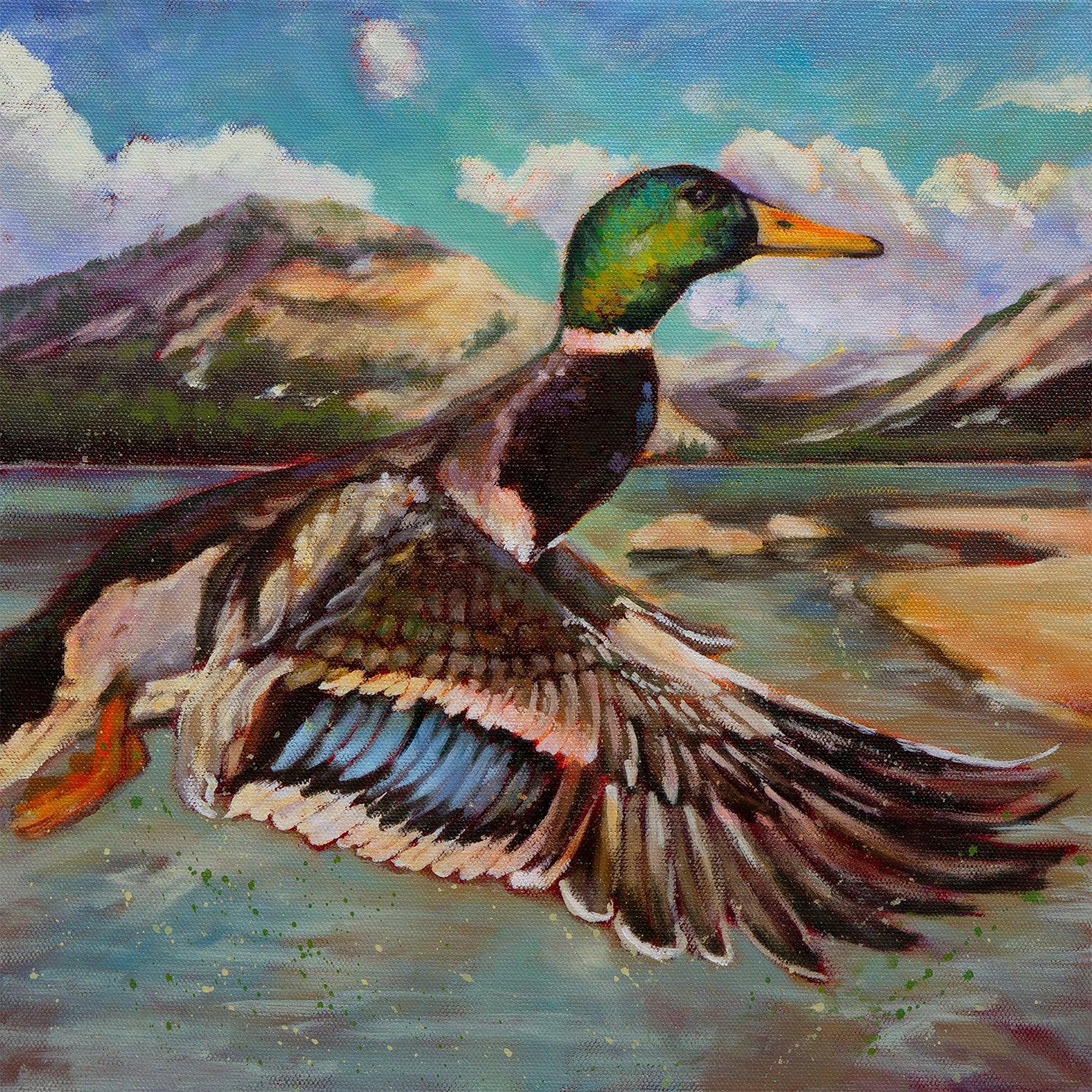 duck standing by Tenaya Lake Yosemite, calm water and mountain landscape, original oil painting