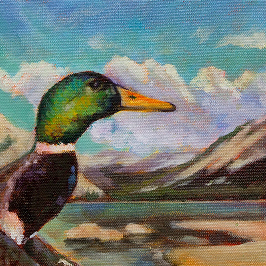 duck standing by calm lake water in Yosemite, soft reflections and natural light, oil painting detail