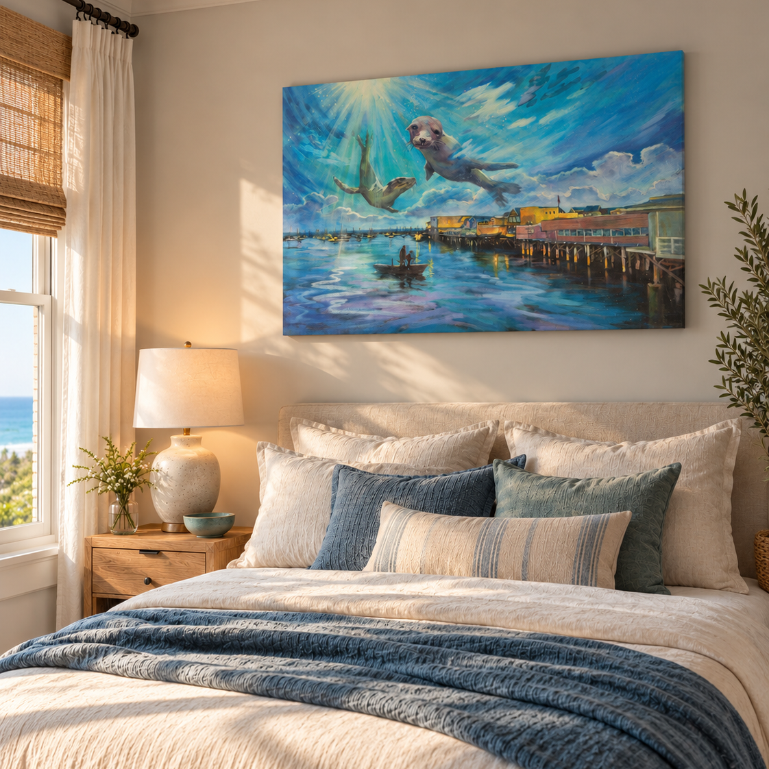 Seal art print displayed above a bed in a warm coastal bedroom with natural wood furniture, soft blue accents, woven textures, and ocean-inspired decor.