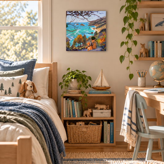 Coastal landscape art print in a bright Scandinavian-style children’s bedroom with natural wood furniture, blue and green accents, books, plants, and adventure-inspired decor.