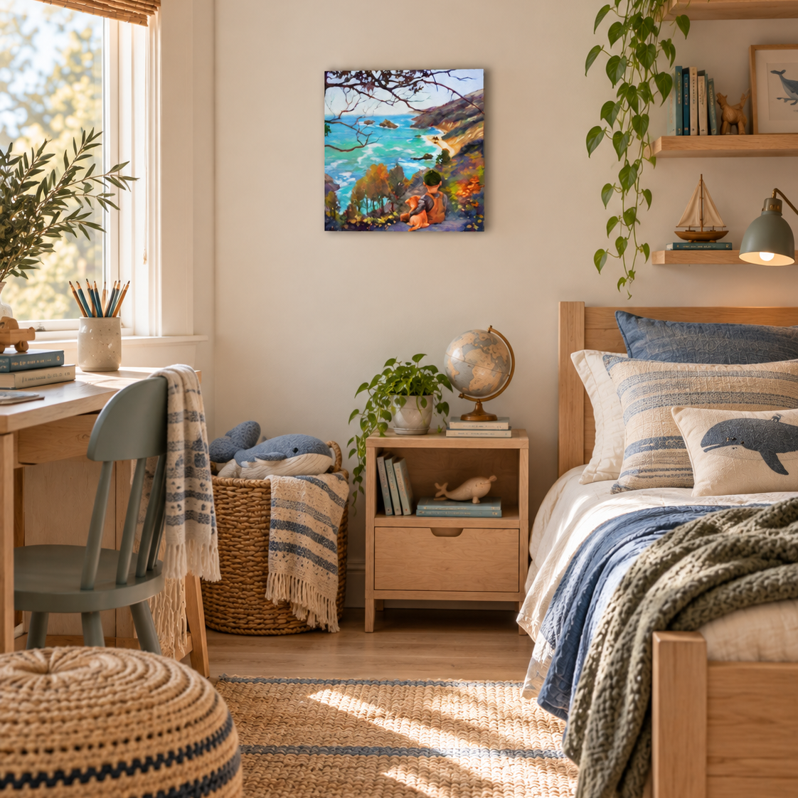 Coastal landscape art print in a bright Scandinavian-style children’s bedroom with light wood furniture, natural textures, blue and sage accents, and ocean-inspired decor.