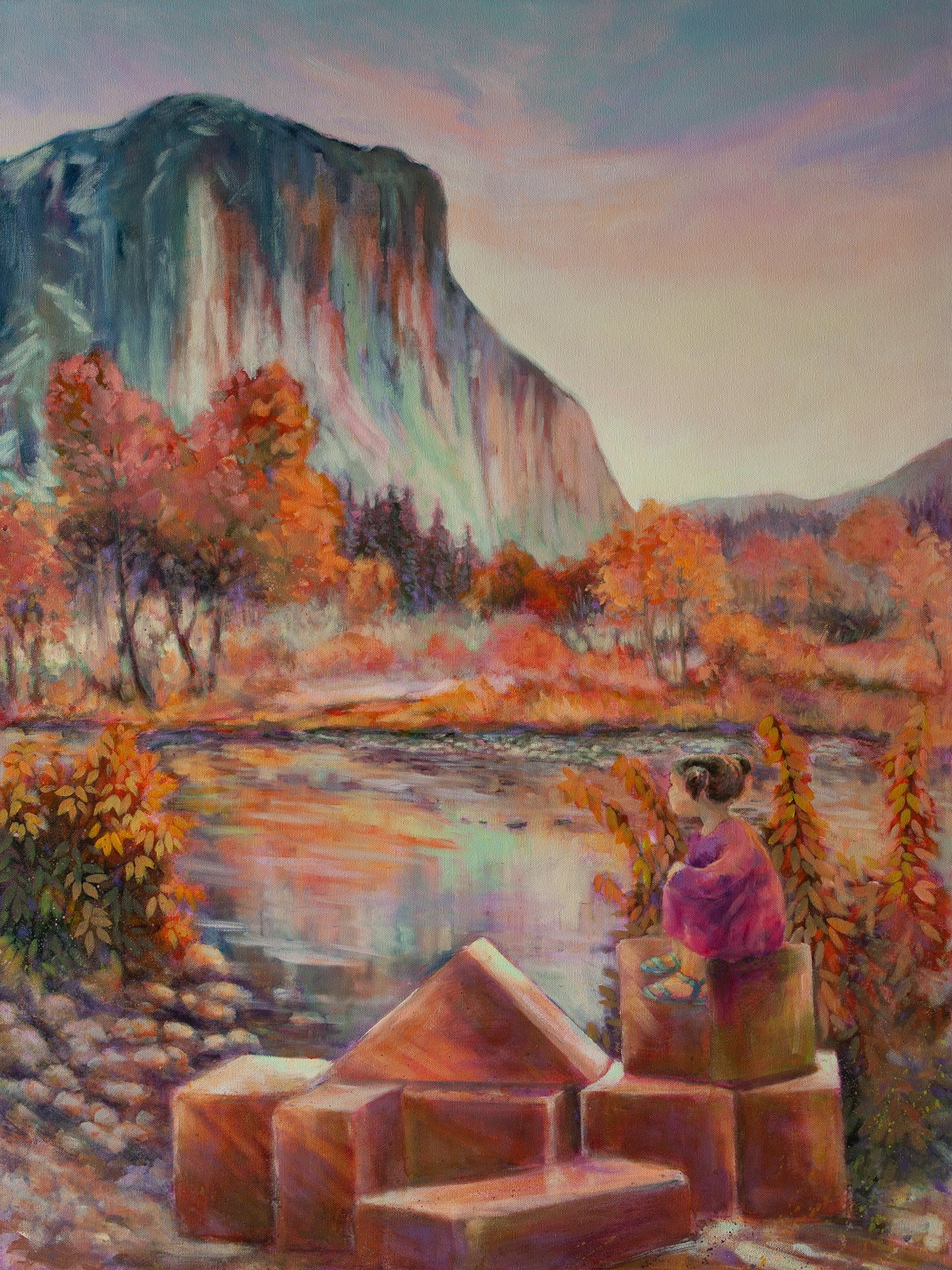 Original painting of a girl in a pink dress sitting by the Merced River gazing toward El Capitan cliffs in Yosemite, glowing pinks, oranges, and blues.”