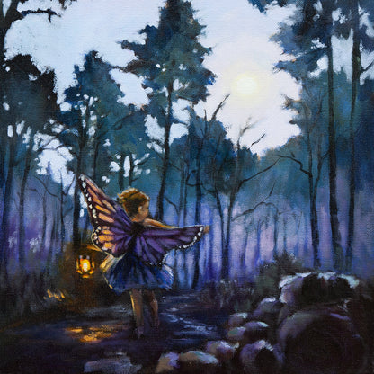 Oil painting of a child with butterfly wings holding a lantern in a twilight forest.