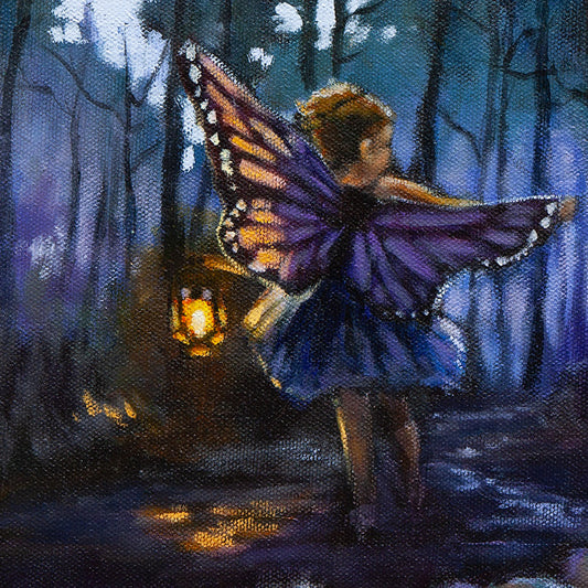 Detail of purple butterfly wings and glowing lantern in oil painting.