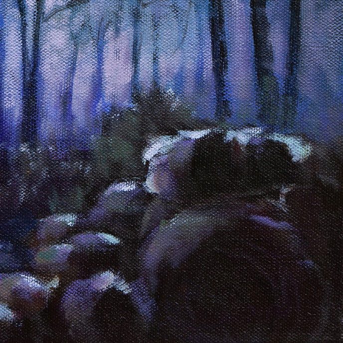 Detail of purple butterfly wings and glowing lantern in oil painting.