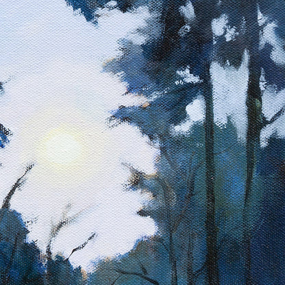 Soft glowing moonlight filtering through forest trees, oil painting detail.