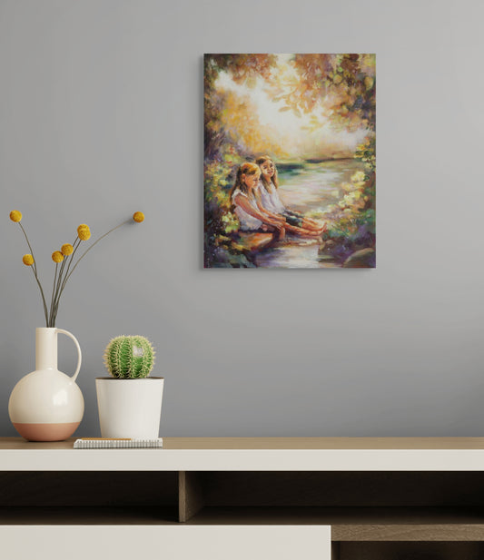 Painting of two friends sitting on the side of the river in gold colors, hanging on a gray wall.