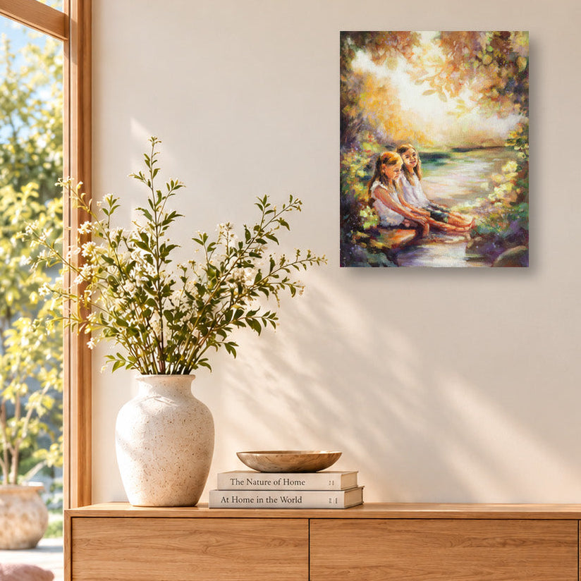 Colorful painting by Martina Goulart depicting two young girls sitting beside a peaceful stream in a sunlit woodland, displayed above a natural wood cabinet in a bright, cozy living room with soft neutral decor and greenery.