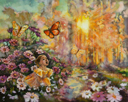 Girl in flower garden looking up at butterflies in glowing light, colorful oil painting about wonder and discovery