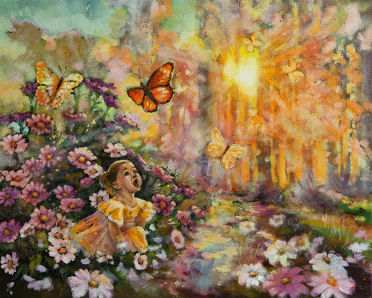 Girl in flower garden looking up at butterflies in glowing light, colorful oil painting about wonder and discovery