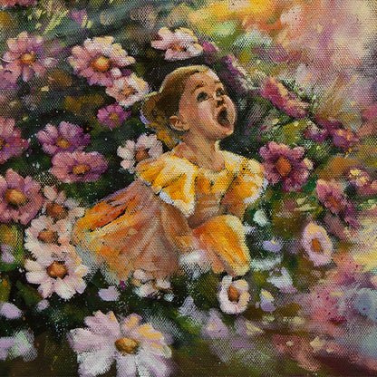 Young girl in yellow dress looking upward in wonder, surrounded by pink flowers in garden painting