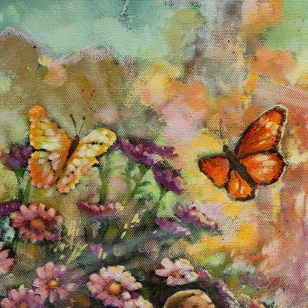 Butterflies in motion above blooming flowers, soft colorful garden scene in oil painting