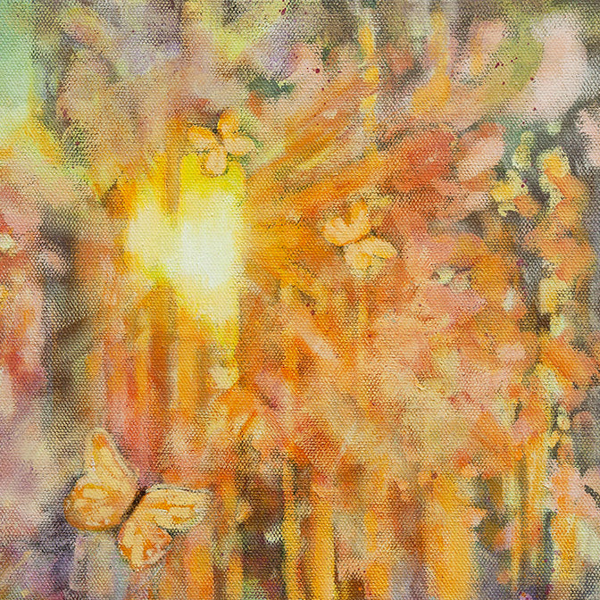 Warm glowing light filtering through trees, impressionistic garden with butterflies and soft textures