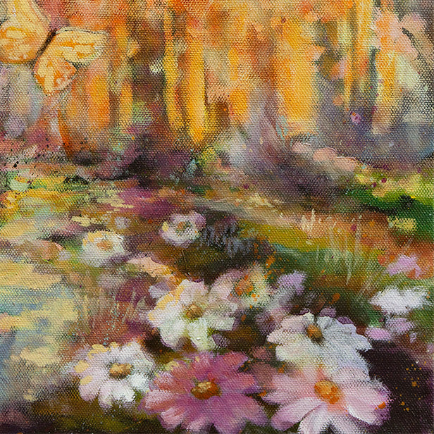Close-up of pink and white flowers with reflective water and soft brushwork in garden painting