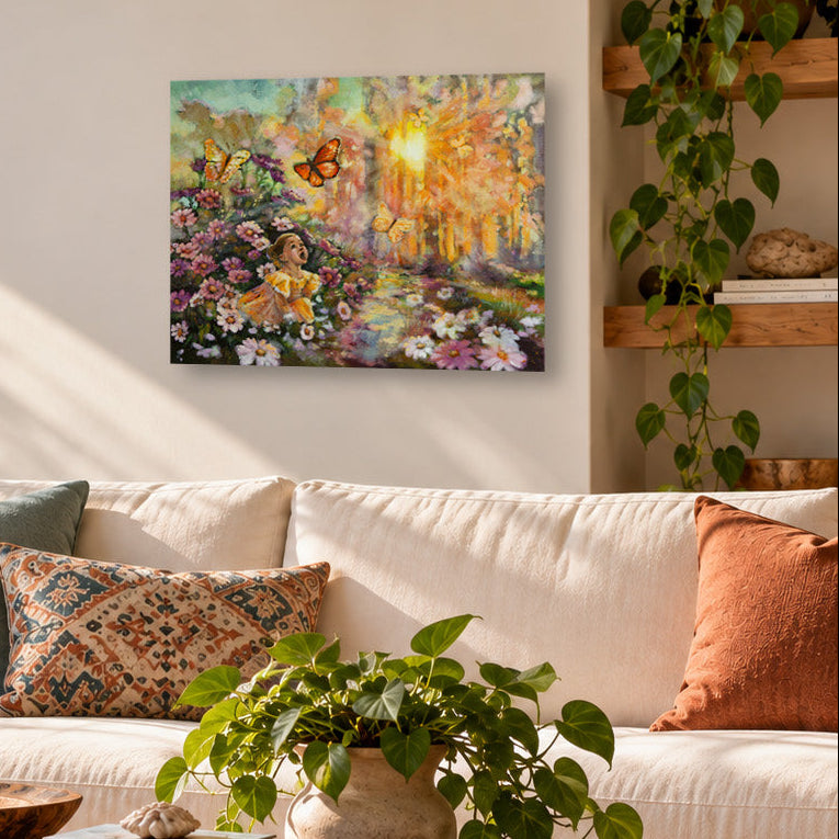 Colorful whimsical painting of a young girl in a yellow dress surrounded by wildflowers and butterflies in a sunlit enchanted forest, displayed above a cream sofa in a warm, inviting living room with natural wood furniture and botanical decor.