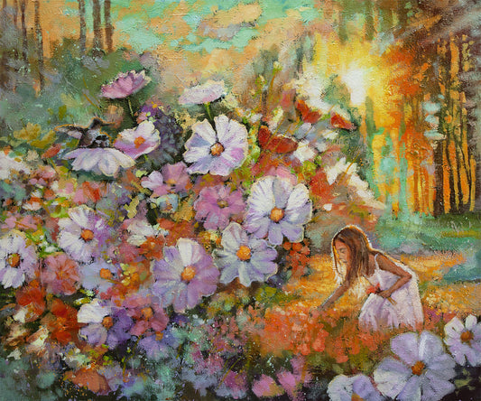 Impressionistic oil painting of a young girl tending flowers in a lush garden, with birds nestled among blooms and glowing forest light in the background.