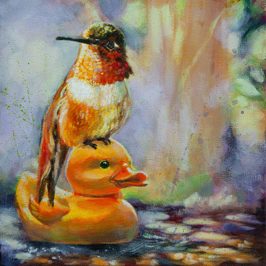 Oil painting of a Rufous hummingbird perched on a yellow rubber duck in shallow water, part of the Wild Neighbors collection.