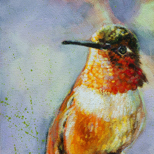 Close-up oil painting detail of a Rufous hummingbird with orange and red feathers and iridescent green crown.