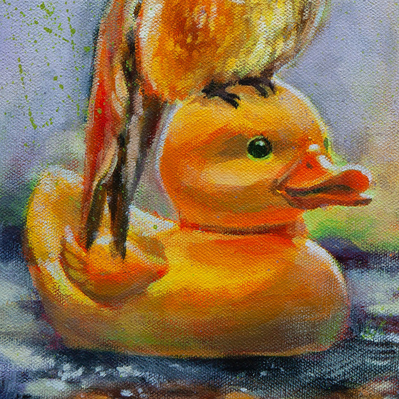 Detail of a Rufous hummingbird standing on a bright yellow rubber duck, painted in textured oil.