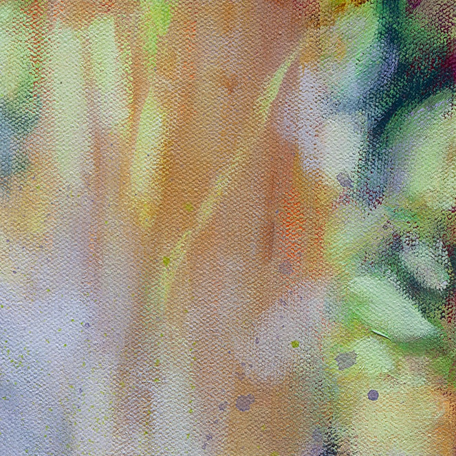 Textured oil painting detail of soft woodland background in green, gold, and violet tones.