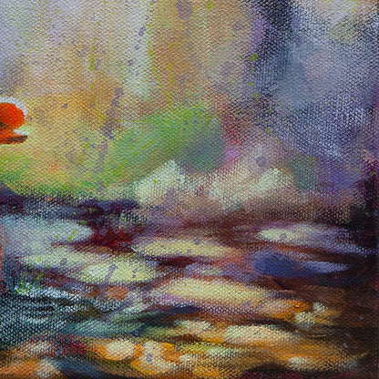 Oil painting detail of reflective shallow water with layered brushstrokes and soft color variation.