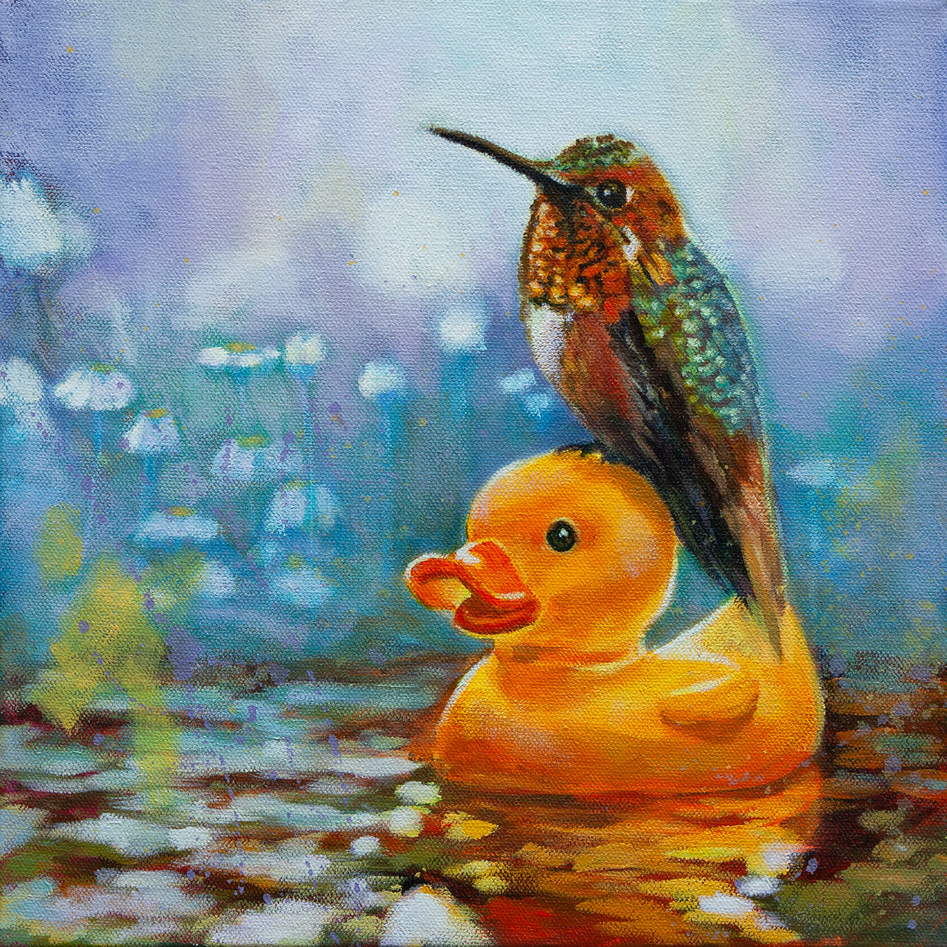 Oil painting of an Allen’s hummingbird perched on a yellow rubber duck in soft morning light with blue sky background.
