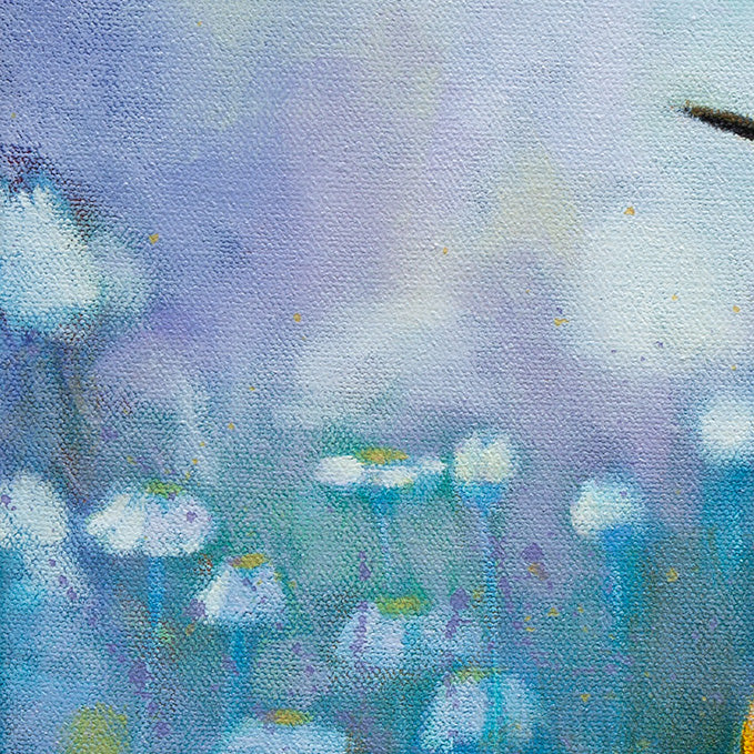 Soft blue and golden morning light background with subtle brushstrokes in an oil painting.