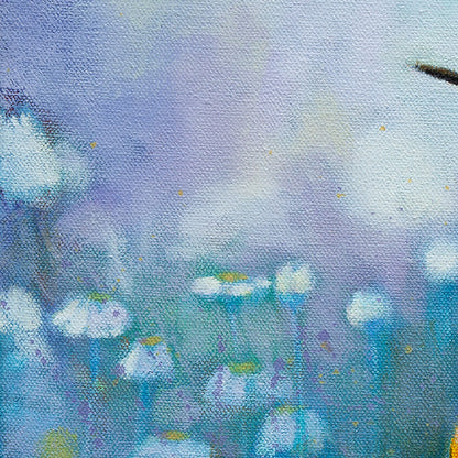 Soft blue and golden morning light background with subtle brushstrokes in an oil painting.