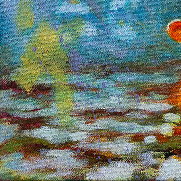 Detail of reflective water with layered brushstrokes in brown, orange, and gold tones, blue sky.