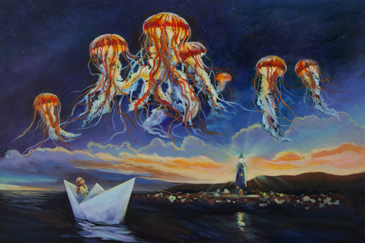 Original painting of a girl in a white paper boat floating toward Santa Cruz lighthouse under dark blue sky with glowing orange jellyfish, by Martina Goulart.
