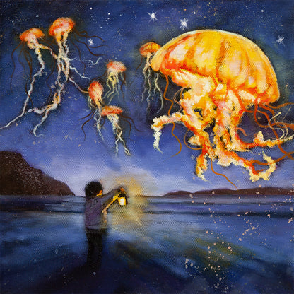 Fine art painting of a child holding a lantern by the ocean at night while glowing orange jellyfish float above, symbolizing the unseen life beneath the sea.
