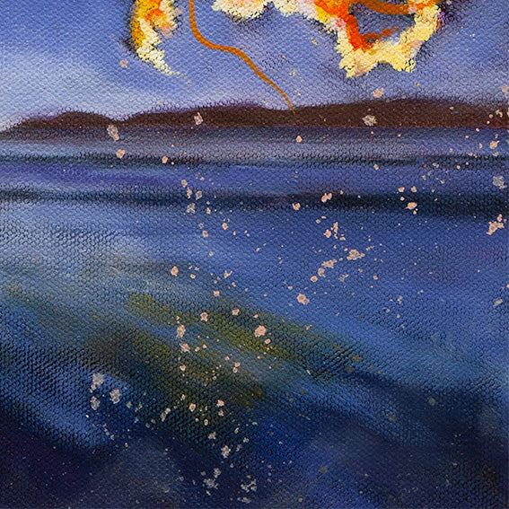 Close-up of textured ocean water at night with soft blue waves and golden reflections beneath glowing jellyfish in the painting Lantern for the Wild.