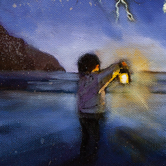 Close-up of a child holding a glowing lantern at the shoreline at night, illuminating the water in the ocean-inspired fine art painting Lantern for the Wild.