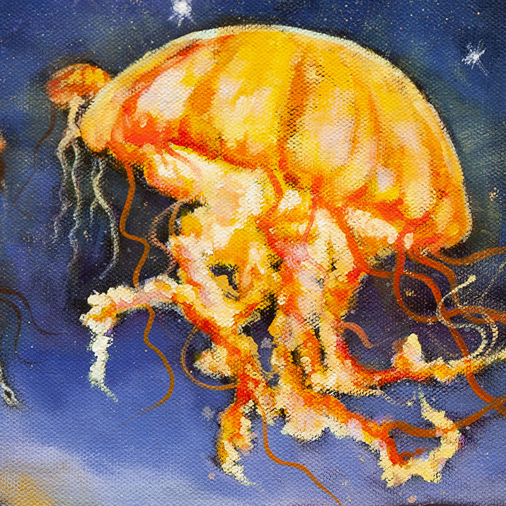 Close-up of a luminous orange jellyfish with flowing tentacles against a deep blue night sky in the ocean-inspired painting Lantern for the Wild.