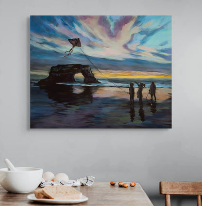 Painting Threads of Light showing children flying a kite at sunset hanging above a table set for breakfast in a cozy, light-filled room.