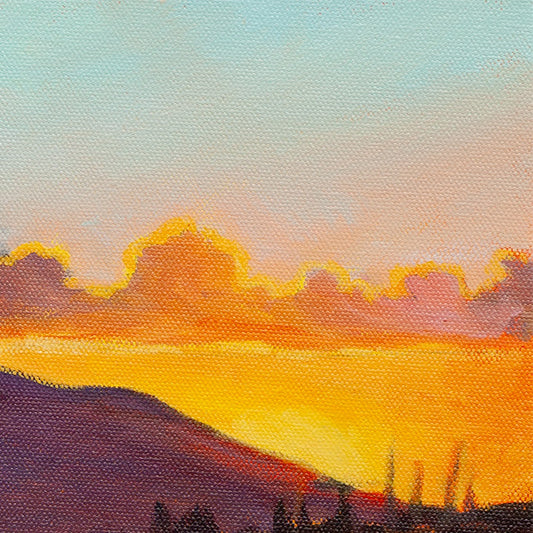 sunset sky with glowing clouds and warm light, soft gradient colors, oil painting detail