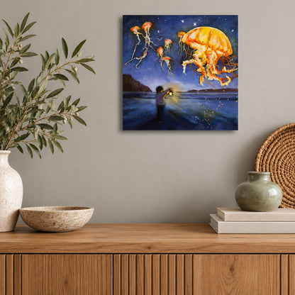 “Lantern for the Wild” original oil painting by Martina Goulart, featuring a child holding a lantern beneath glowing orange jellyfish floating over the ocean at night, displayed in a modern living space.