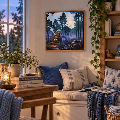 Lantern Keeper art print displayed in a warm reading nook with blue and cream textiles, natural wood, books, and greenery, featuring a magical moonlit forest scene.