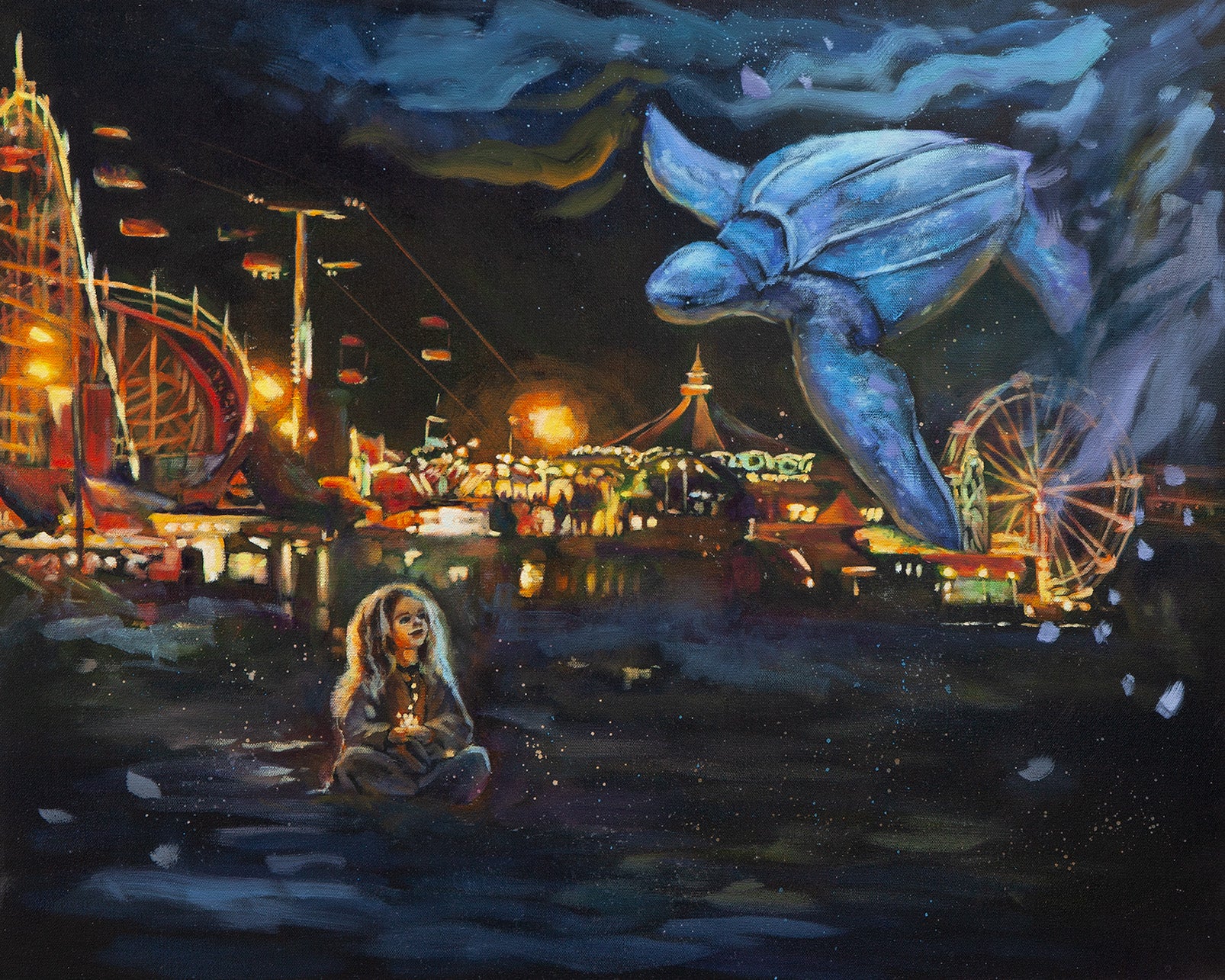 Original painting of a girl sitting on a beach at night watching a blue sea turtle drift through the sky above the glowing Santa Cruz Beach Boardwalk lights.