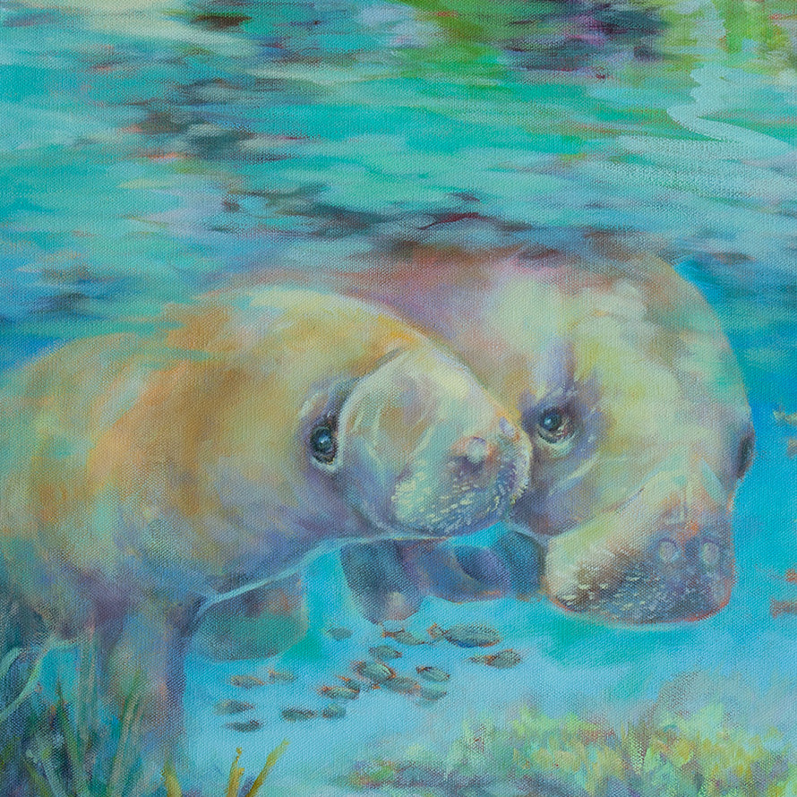 Close-up of two manatees swimming underwater in an original oil painting, painted in soft blues and greens with gentle light, wildlife fine art inspired by quiet moments in nature.
