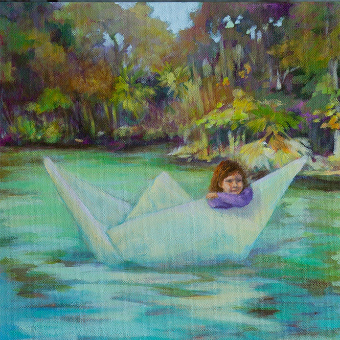 Detail of a child floating in a paper boat on calm water in an original oil painting, symbolizing curiosity, patience, and wonder, story-driven fine art by Martina Goulart.
