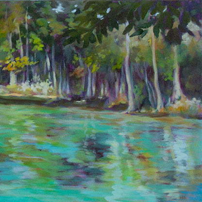 Painted reflection of trees and shoreline along still water in a landscape oil painting, expressive brushstrokes capturing light, color, and a sense of peaceful place.
