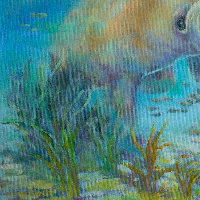 Detail of a manatee swimming near aquatic plants in a wildlife oil painting, showing textured brushwork, layered color, and the calm movement of underwater life.