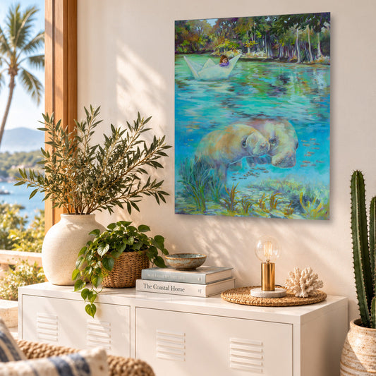 Colorful oil painting of two manatees swimming underwater beneath a child in a paper boat on a Florida spring, displayed in a bright coastal living room with warm natural sunlight, white furniture, and botanical decor.
