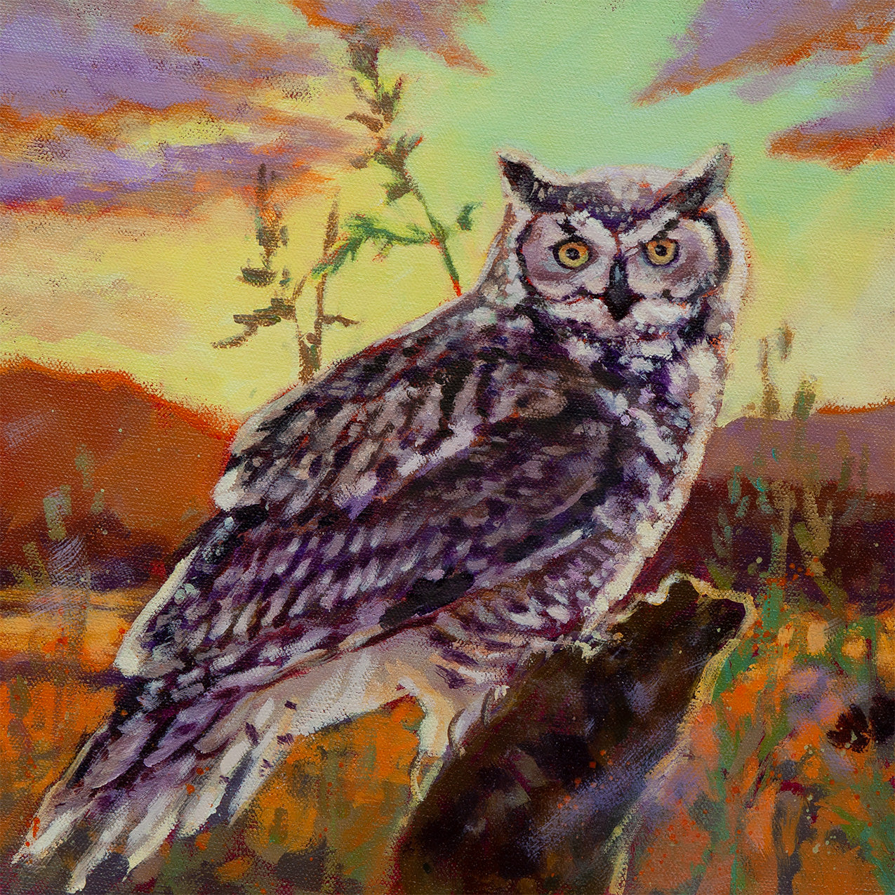 Owl perched on a branch at sunset, full body view with golden sky and warm-toned landscape, expressive wildlife oil painting
